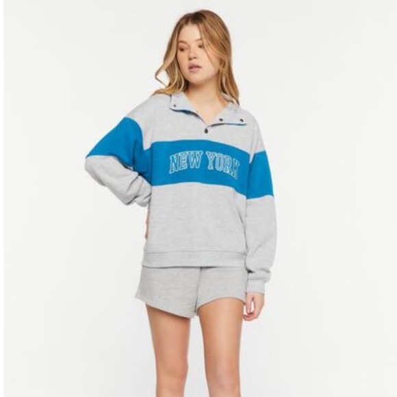 Forever 21 Heathered gray and blue New York drop shoulder collared sweater L - Picture 5 of 8